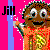 Pixelated character with brown skin and curly hair wears orange floral shirt, standing against bright pink background with blue vertical stripe.