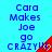 Blue text on cyan background reads 'Cara Makes Joe go CRAZY!!!' with red triangular shapes containing white hearts, arranged in a pattern