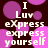 Pixelated text "I Luv eXpress express yourself" over dark background with pink and purple circles, two identical frames showing static content.