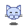Pixelated blue cat head with white inner ears, black whiskers, and dark gray shadow on light gray background; expressions shift from neutral to smiling with pink cheeks.