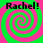 Four identical spiral patterns in green and pink with 'Rachel!' text above each, arranged in a on a solid background