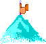 Pixelated mountain with cyan water splashes and an orange flag on a purple pole, showing animation changes in the flag's position.