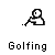 Pixelated golf icon with white figure holding club, gray background, and text labels below.