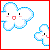 Pixelated cloud-shaped character with blue outline, black eyes, pink cheeks, and red mouth on white background.