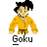 Pixel art contact sheet showing two frames of a Goku character animation with text labels and website branding.
