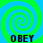 Four identical spiral patterns in green and blue with the word "OBEY" displayed below each spiral.