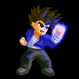 Pixelated character in blue jacket and gray pants performs dynamic action sequence with glowing blue effects against black background.