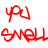 A 48x48 pixel animated buddy icon featuring a pink cartoon bunny with blue nose and black accents, paired with red handwritten text reading "you smell like butt" across two frames of the animation.