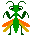 Green pixelated insect with orange and yellow wing patterns, white eyes, and black pupils, shown in six variations with mouth and wing color changes.