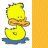 Animated contact sheet of six yellow duck icons with orange beaks and blue water, each frame showing a different stage of the word "quack" forming in white text on an orange vertical bar to the right.
