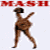 A pixelated figure in a brown outfit with arms raised, set against a white background and green text