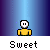 Pixelated character in yellow shirt with white head against blue gradient background, text "Sweet" below.