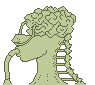 Pixel art of a light green figure with brain-like head, drinking from a flask while its spine shifts between ladder and DNA helix forms.