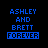 Two side-by-side pixelated text displays on black background, each showing 'ASHLEY AND BRETT FOREVER' with blue and white lettering.