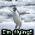 Animated penguin with black head and white body hangs from a horizontal bar against a cloudy sky background, text below reads "I'm flying!!" in green pixelated font.