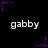 Black background with repeated white text 'gabby' and purple star-shaped pixel art elements in various positions.