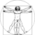 Pixelated grayscale icon of a human figure in a Vitruvian pose within a square and circle, arms and legs extended to touch the geometric shapes.
