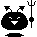 Two identical pixel art icons of a black spherical character with white facial features and devil horns, each holding a trident, displayed side-by-side on a gray background.
