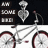 Pixelated image of a bicycle with red-rimmed wheels and a heart-shaped object above it against dark background.