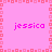 Pixelated pink background with four instances of the name 'jessica' in lowercase pink text arranged in a , bordered by a patterned pink square frame