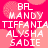 Static image with pink background and repeated white text listing names over blurred heart shapes.
