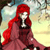 A pixelated figure with long red hair wears a red hooded cloak and holds a stemmed glass against a blurred background of light and dark tones.
