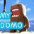 Pixelated brown dinosaur-like creature with open mouth holding blue sign reading 'MY DOMO' against light blue sky background.