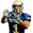 A 4-frame contact sheet of a pixelated football player in blue and gold uniform with helmet, showing different poses across frames including waving gesture and close-up face view, alongside an EA Sports NCAA Football 2005 logo frame.