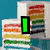 Pixelated image with layered cake, green text 'L', and colorful swirls on pink background.