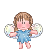 Pixelated angel icon with brown pigtails, blue polka-dot dress, and translucent wings appears in five static poses against gray background.
