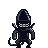 Pixelated character with dark helmet, white eyes, and tail, standing against light gray background.