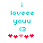 Pixelated cyan text 'i loveee youu <3' with red and pink hearts below on white background.