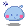Four pixelated blue blob characters with pink cheeks and small bubbles, each in a different pose with closed eyes and subtle mouth variations, set against a gray background with dark blue sparkles.