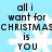 Light blue background with white snowflakes and black text reading "all i want for CHRISTMAS is YOU" in pixelated font.