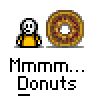 Animated contact sheet of a pixel art character eating donuts with text "Mmmm... Donuts" across multiple frames showing progressive consumption.