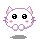 Pixelated white cat head with pink inner ears, black eyes, and pink cheeks in a of static poses on gray background