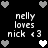 Black background with white and gray pixelated hearts surrounding text reading 'nelly loves nick <3' in two identical vertical sections.
