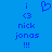 Blue background with pixelated text and symbols arranged in two vertical , featuring 'i', '<3', 'nick', 'jonas', '!!!' on the left and 'i', '<3', 'nick', 'jonas', '!!!' on the right with a heart symbol between them