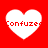 Four white heart shapes on a red background, each containing the word 'Confuzed' in pixelated red text.
