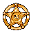 Pixelated golden star with a circular border, featuring internal pixel patterns and black outlines on gray background.