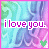 A 4-frame animated contact sheet of a buddy icon with pixelated text and heart symbols on a pastel swirled background.
