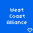 Blue background with white pixelated text 'West Coast Alliance' in three lines, two heart symbols below the text.