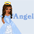 Pixelated image of a figure with brown hair wearing a light blue dress and yellow-orange halo, standing beside the word 'Angel' in light blue text.