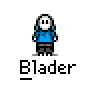A 5x4 contact sheet of pixel art frames showing a character named 'Blader' in various poses and animations against a gray background.