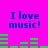 Bright pink background with blue text "I love music!" repeated four times and green audio equalizer bars in pixelated style.