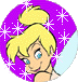 Pixelated cartoon character with blonde hair in a high bun, blue eyes, and light skin against purple background with white starbursts.