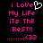 Pixelated text in pink and white on black background with a heart symbol replacing 'o' in Love.