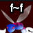 Pixelated icon with dark red background, white 'f-f' text, and two gray swords crossed over a blue and pink pixelated shape.