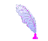 Animated sequence of a light blue feather with pink outlines and a pink inkwell base, paired with evolving pink text below it on a gray background.