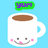 Pixelated white coffee mug with smiling face, brown liquid inside, pink cheeks, and text bubbles above it on light blue background.